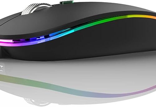 Uiosmuph Ratón inalámbrico LED, G12 Slim recargable silencioso, 2.4G portátil USB óptico con receptor USB y adaptador tipo C (negro mate)